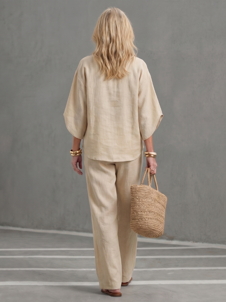 Holly - Smart Women's Linen Co-ord Set with Kimono Sleeves and Mandarin Collar