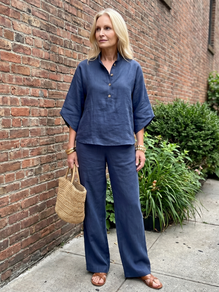 Holly - Smart Women's Linen Co-ord Set with Kimono Sleeves and Mandarin Collar