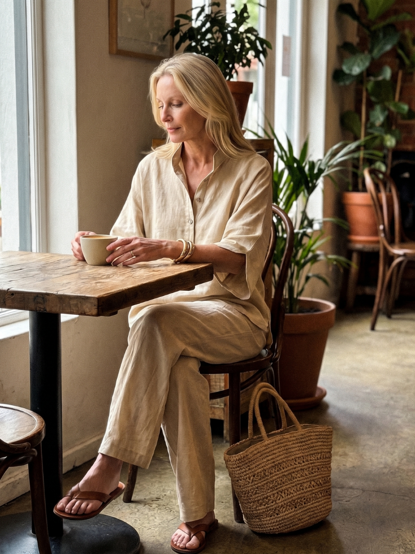Holly - Smart Women's Linen Co-ord Set with Kimono Sleeves and Mandarin Collar