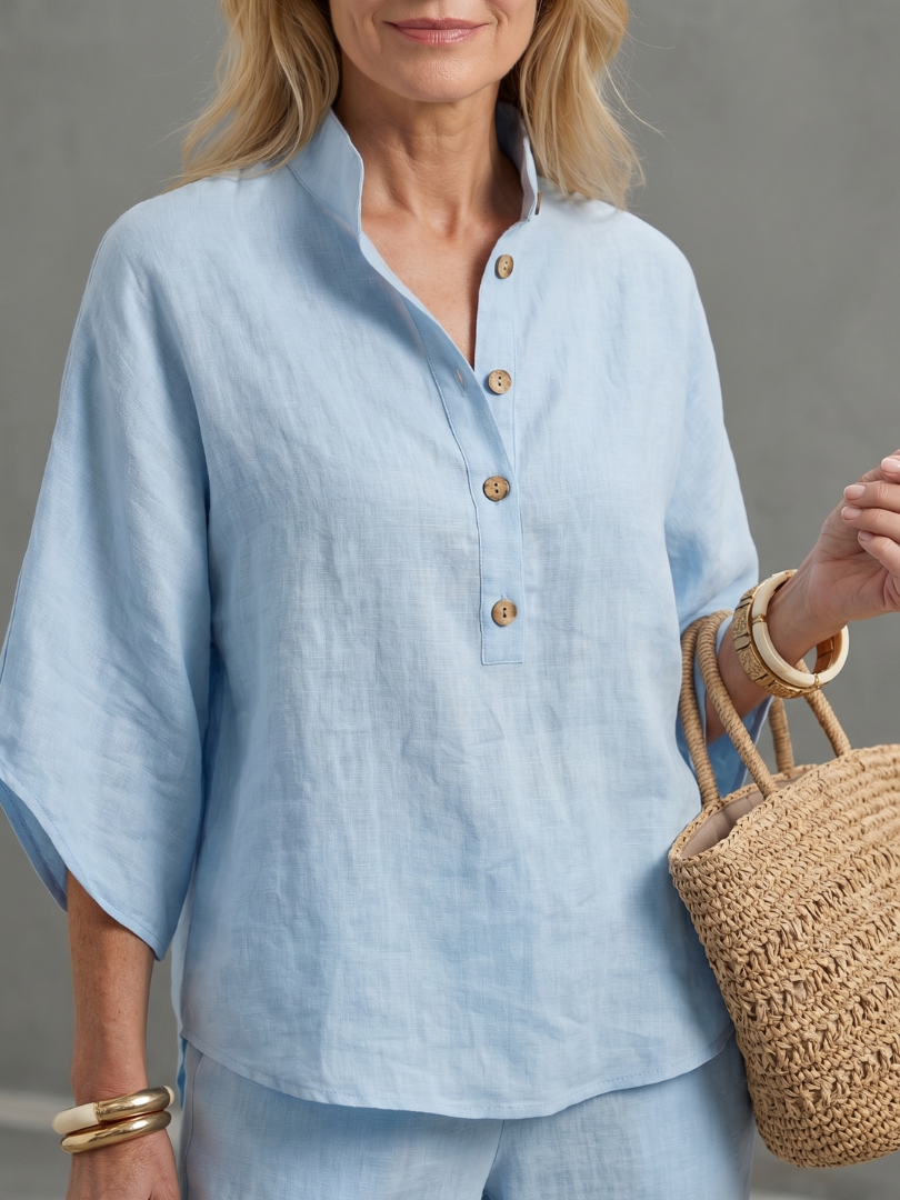 Holly - Smart Women's Linen Co-ord Set with Kimono Sleeves and Mandarin Collar