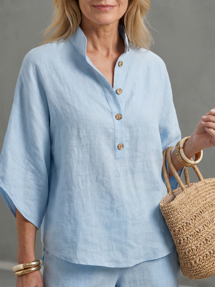 Holly - Smart Women's Linen Co-ord Set with Kimono Sleeves and Mandarin Collar