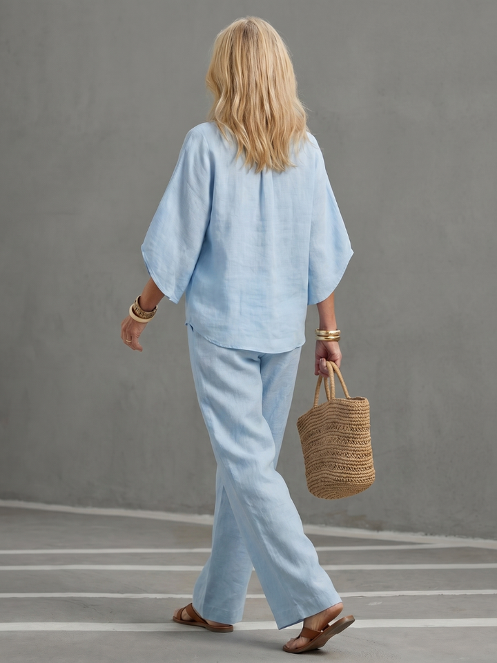 Holly - Smart Women's Linen Co-ord Set with Kimono Sleeves and Mandarin Collar