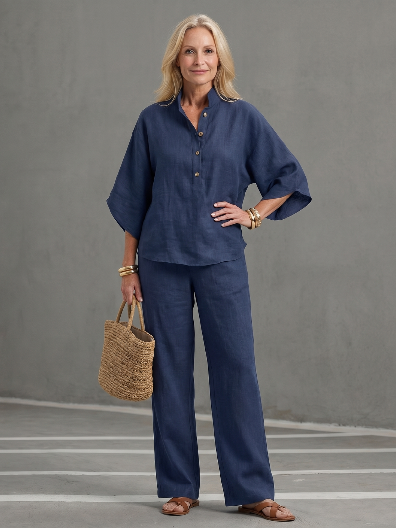 Holly - Smart Women's Linen Co-ord Set with Kimono Sleeves and Mandarin Collar