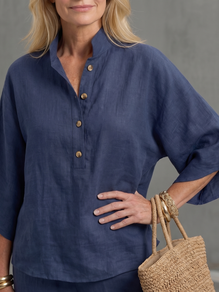Holly - Smart Women's Linen Co-ord Set with Kimono Sleeves and Mandarin Collar