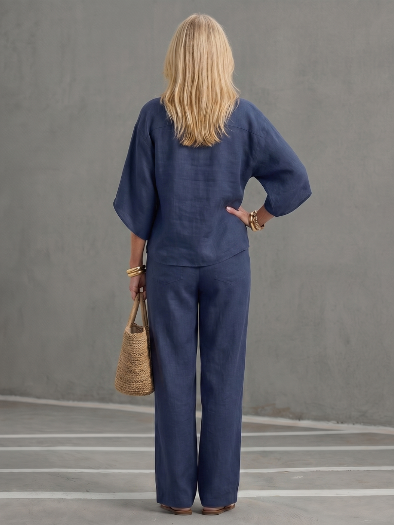 Holly - Smart Women's Linen Co-ord Set with Kimono Sleeves and Mandarin Collar
