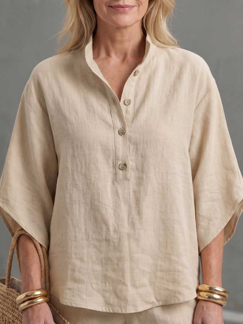 Holly - Smart Women's Linen Co-ord Set with Kimono Sleeves and Mandarin Collar
