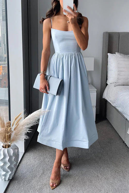 Imogen - Chic Women's Wedding Guest Midi Dress with Square Neck and Full Gathered Skirt