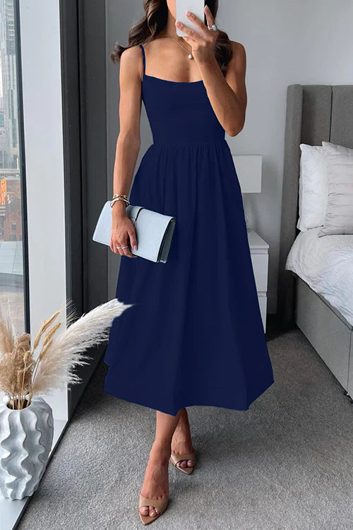 Imogen - Chic Women's Wedding Guest Midi Dress with Square Neck and Full Gathered Skirt