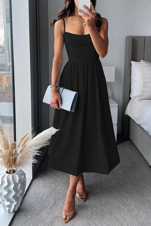 Imogen - Chic Women's Wedding Guest Midi Dress with Square Neck and Full Gathered Skirt
