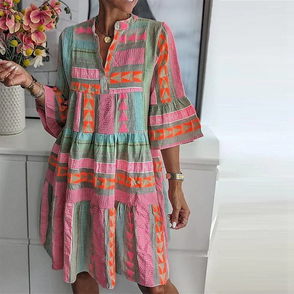Indie - Boho Women's Summer Midi Dress with Tiered Skirt and Flared Sleeves