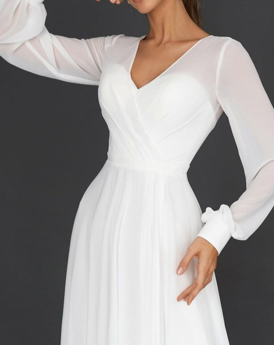 Isabelle - Elegant Women's Wedding Guest Dress with Long Sleeves and V-Neck