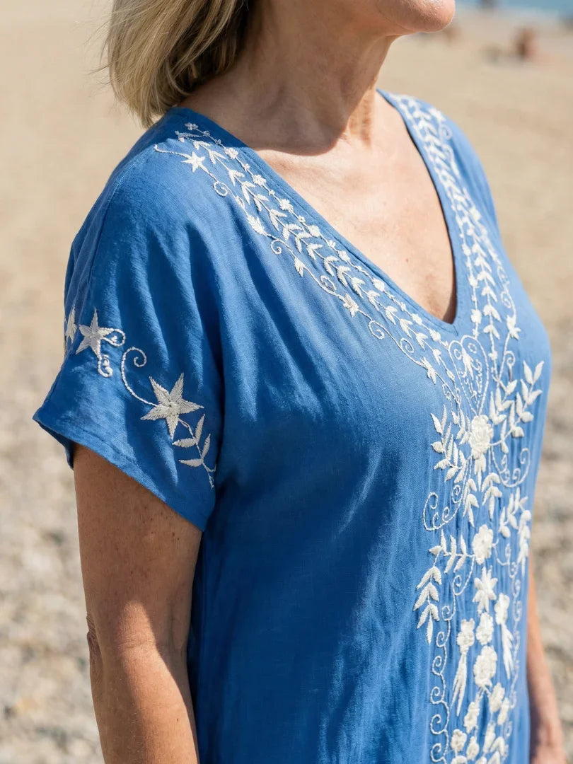 Isla - Boho Plus Size Summer Dress for Women with Embroidered V-Neck and Short Sleeves