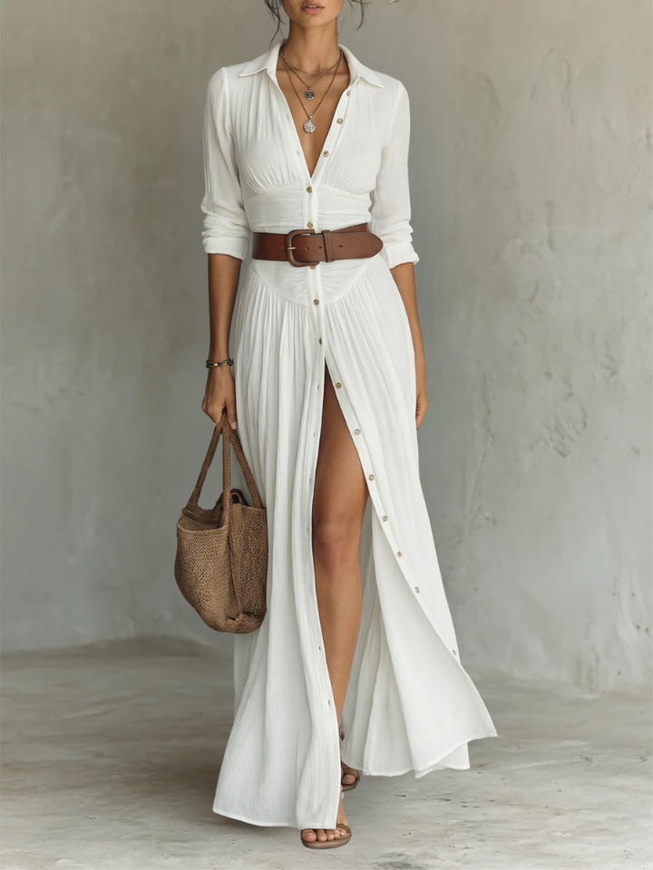 Isla - Boho Women's Maxi Dress with Belted Waist and Thigh Slit
