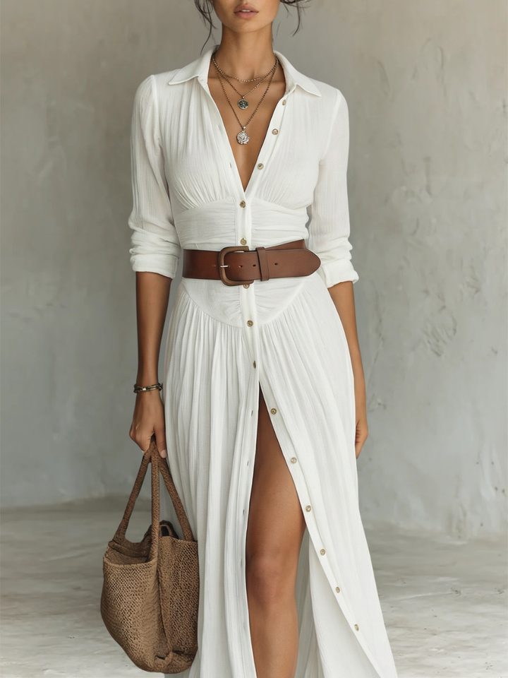 Isla - Boho Women's Maxi Dress with Belted Waist and Thigh Slit