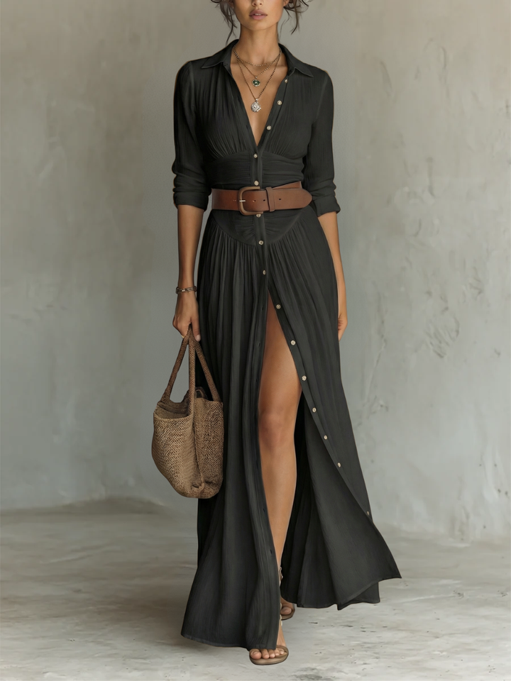 Isla - Boho Women's Maxi Dress with Belted Waist and Thigh Slit