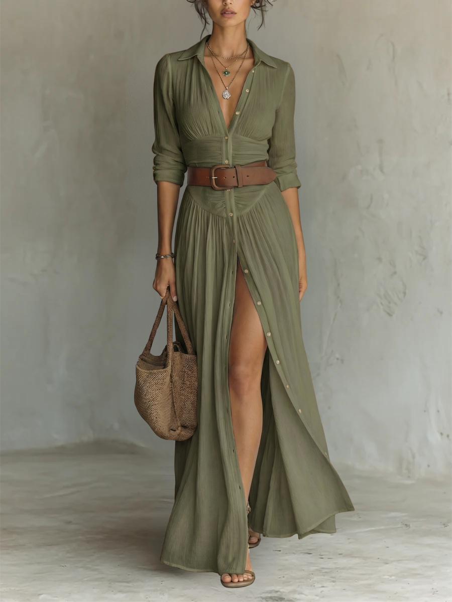 Isla - Boho Women's Maxi Dress with Belted Waist and Thigh Slit