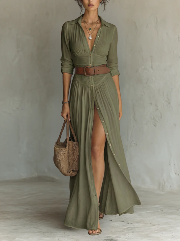 Isla - Boho Women's Maxi Dress with Belted Waist and Thigh Slit