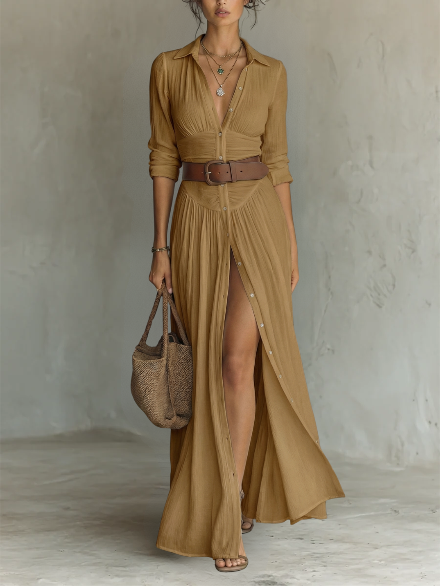 Isla - Boho Women's Maxi Dress with Belted Waist and Thigh Slit