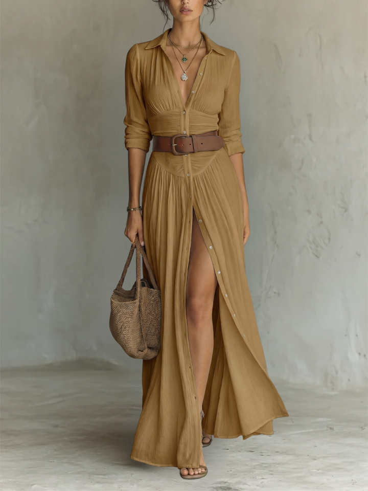 Isla - Boho Women's Maxi Dress with Belted Waist and Thigh Slit