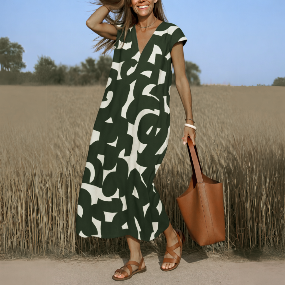 Isla - Boho Women's Summer Maxi Dress with V-Neck and Cap Sleeves