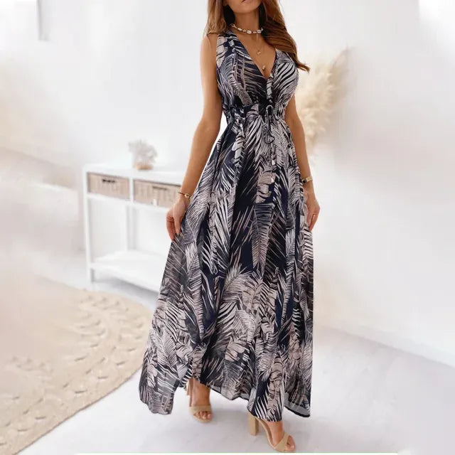 Isla - Boho Women's Wedding Guest Maxi Dress with V-Neck and Tropical Floral Print