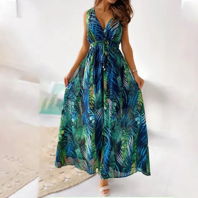 Isla - Boho Women's Wedding Guest Maxi Dress with V-Neck and Tropical Floral Print