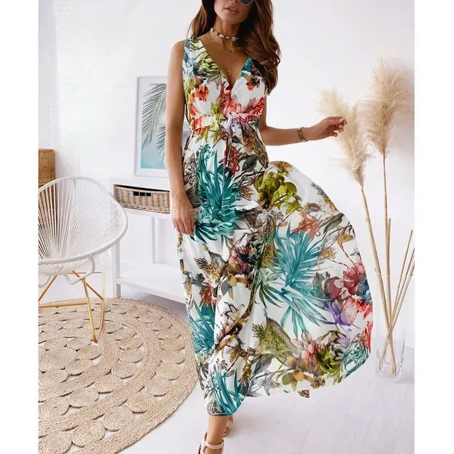Isla - Boho Women's Wedding Guest Maxi Dress with V-Neck and Tropical Floral Print