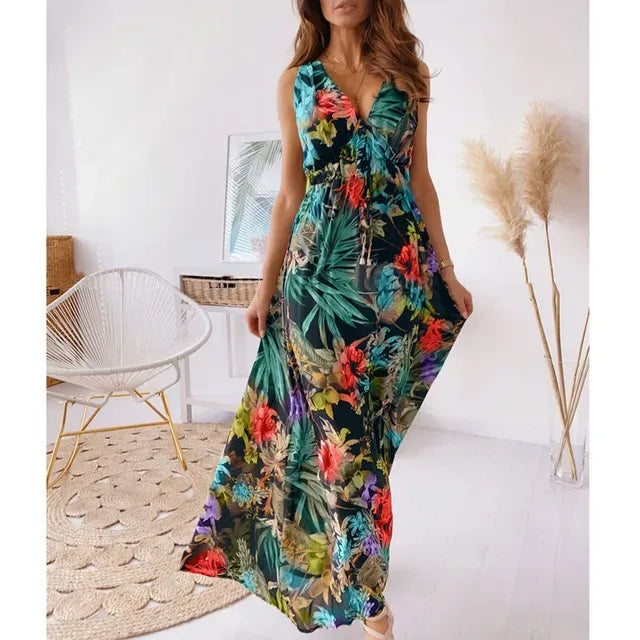 Isla - Boho Women's Wedding Guest Maxi Dress with V-Neck and Tropical Floral Print