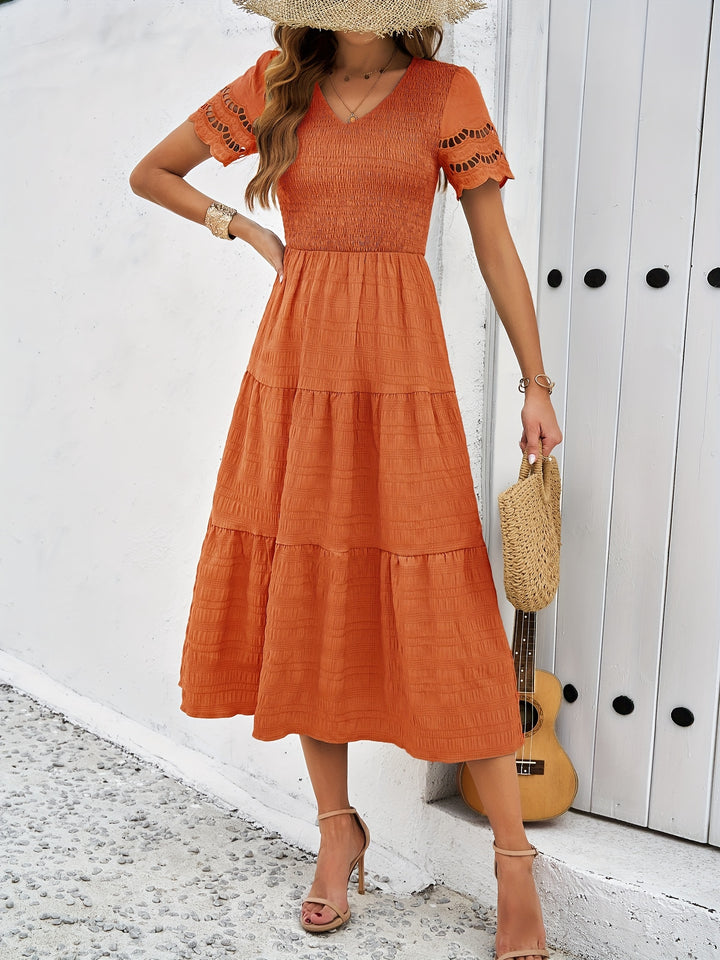 Isla - Boho Women's Wedding Guest Midi Dress with V-Neck, Short Sleeves and Tiered Skirt