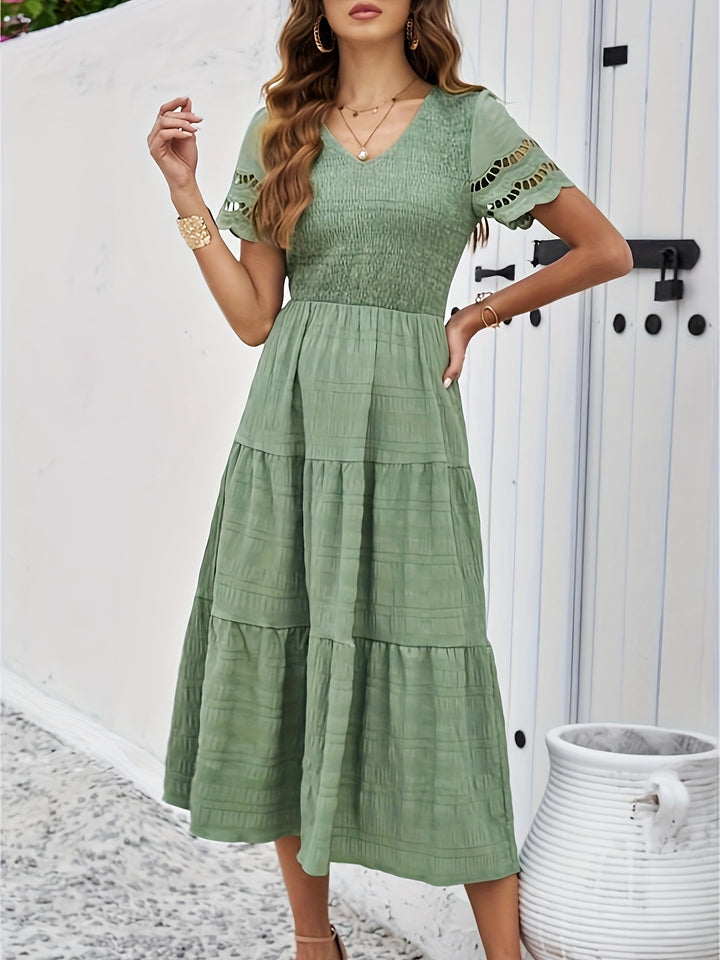 Isla - Boho Women's Wedding Guest Midi Dress with V-Neck, Short Sleeves and Tiered Skirt