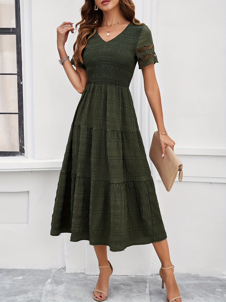 Isla - Boho Women's Wedding Guest Midi Dress with V-Neck, Short Sleeves and Tiered Skirt