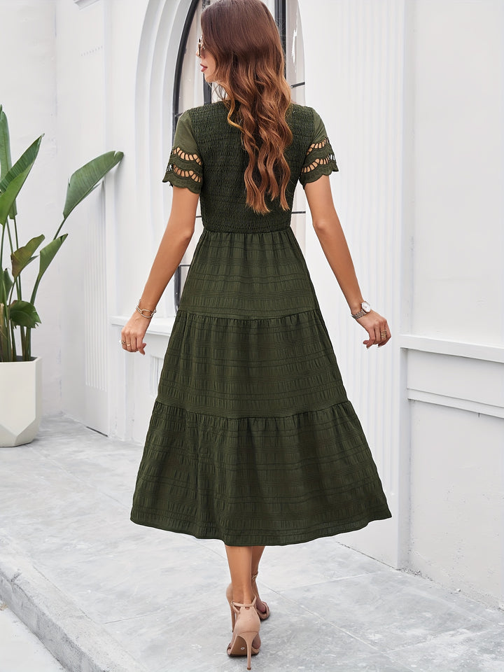 Isla - Boho Women's Wedding Guest Midi Dress with V-Neck, Short Sleeves and Tiered Skirt