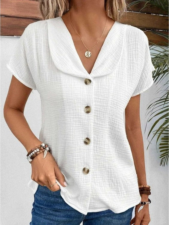 Isla - Casual Women's Linen Shirt with V Neck Collar and Button Front