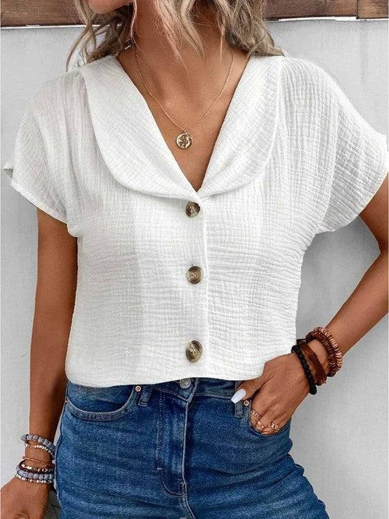 Isla - Casual Women's Linen Shirt with V Neck Collar and Button Front