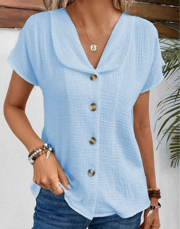 Isla - Casual Women's Linen Shirt with V Neck Collar and Button Front
