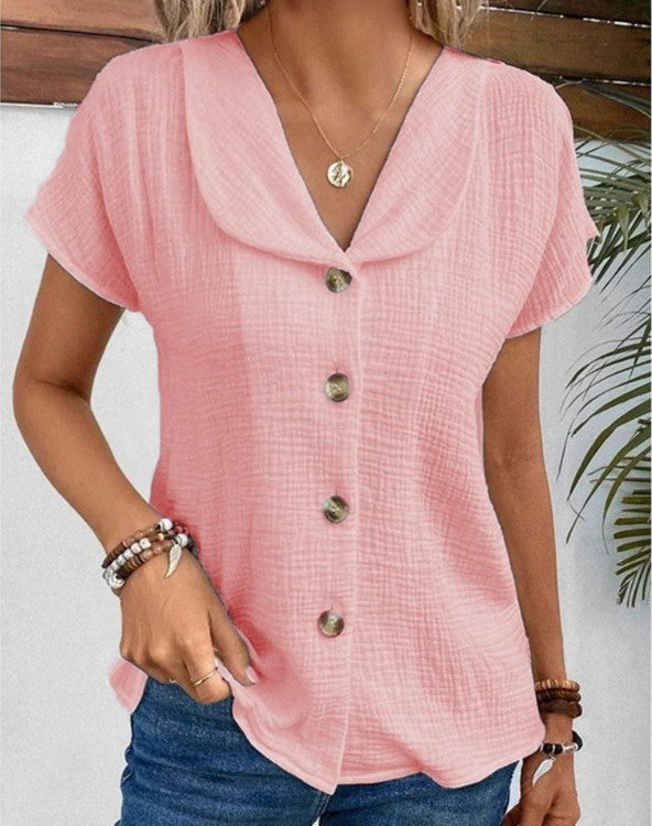 Isla - Casual Women's Linen Shirt with V Neck Collar and Button Front