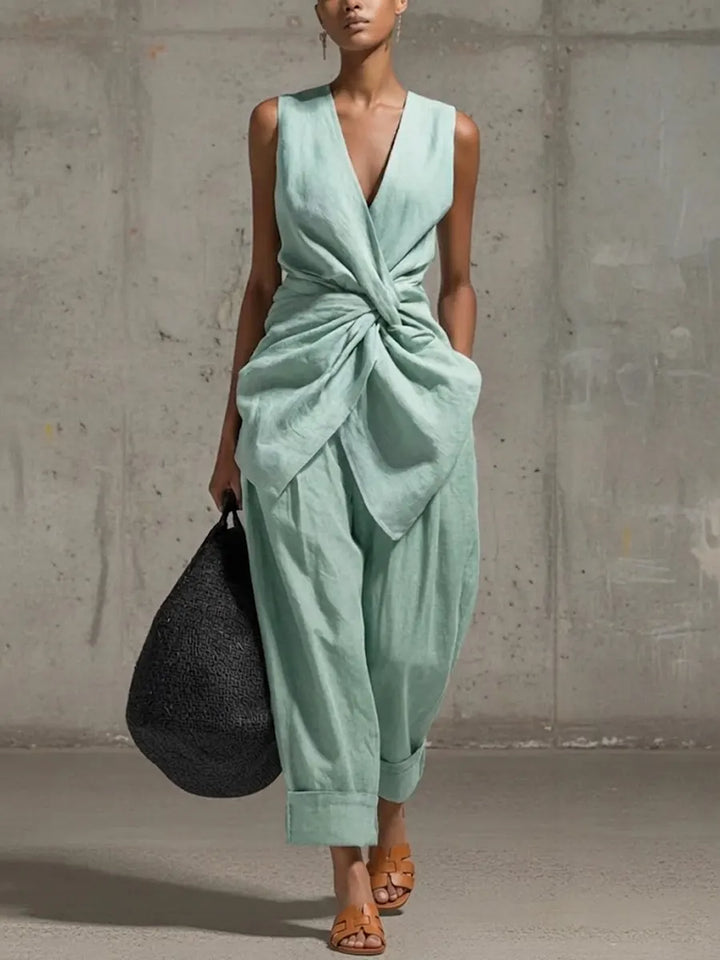 Isla - Chic Women's Linen Set with Twist Front and Wide Leg Trousers