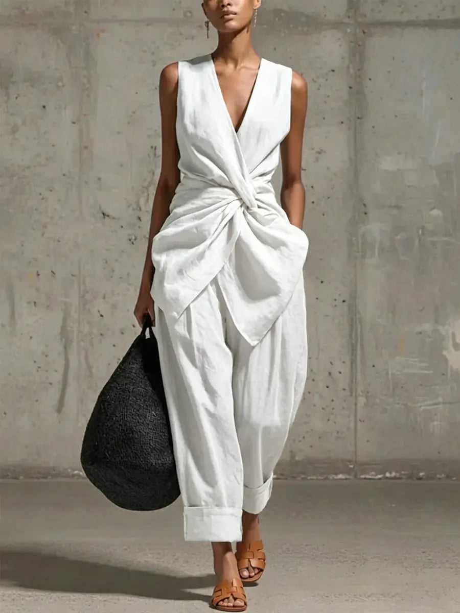 Isla - Chic Women's Linen Set with Twist Front and Wide Leg Trousers