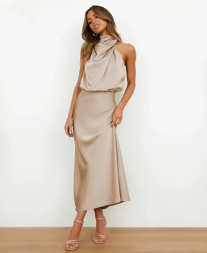 Isla - Elegant Satin Midi Dress for Women with Draped Halter Neckline