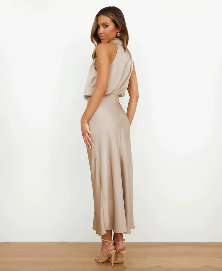 Isla - Elegant Satin Midi Dress for Women with Draped Halter Neckline
