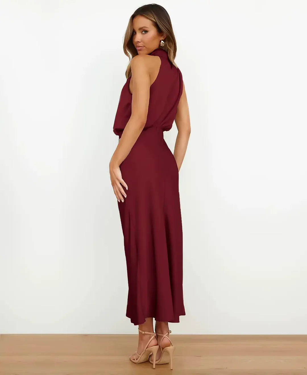 Isla - Elegant Satin Midi Dress for Women with Draped Halter Neckline