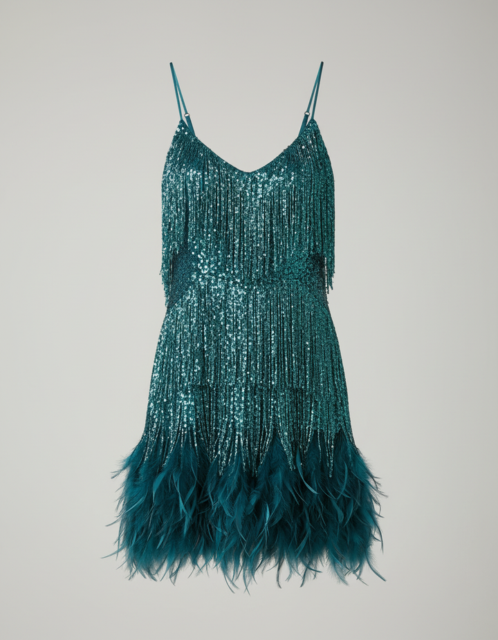 Isla - Elegant Women's Plus Size Dress with Fringe Detail and Feather Hem