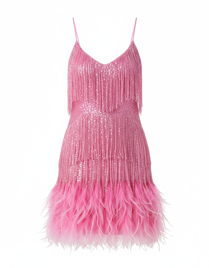 Isla - Elegant Women's Plus Size Dress with Fringe Detail and Feather Hem