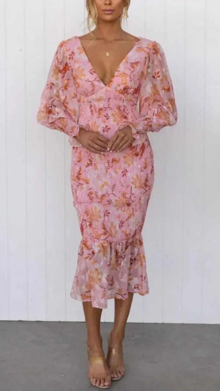 Isla - Elegant Women's Wedding Guest Dress with V Neck and Floral Print