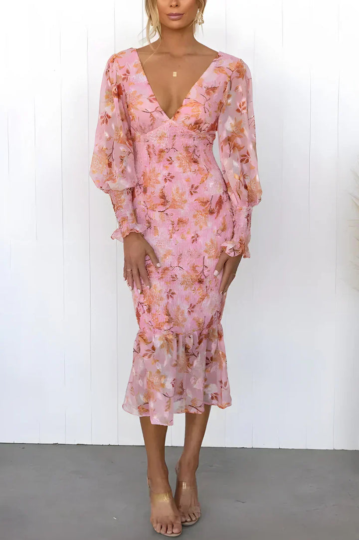 Isla - Elegant Women's Wedding Guest Dress with V Neck and Floral Print