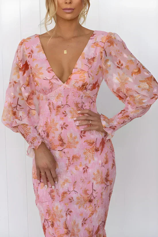 Isla - Elegant Women's Wedding Guest Dress with V Neck and Floral Print