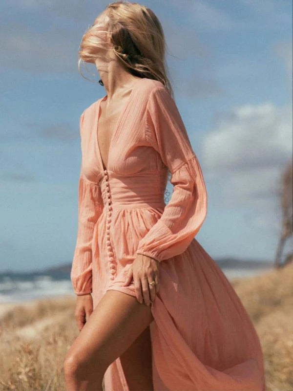 Isla - Flowy Women's Maxi Dress with Deep V-Neck and Button Front Detail