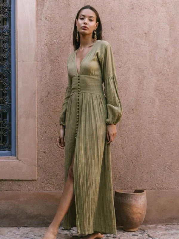 Isla - Flowy Women's Maxi Dress with Deep V-Neck and Button Front Detail