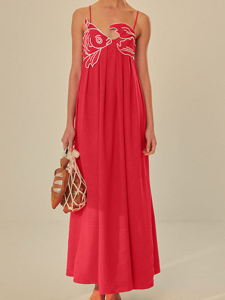 Isla - Flowy Women's Maxi Dress with Spaghetti Straps and Embroidered Fish Detail