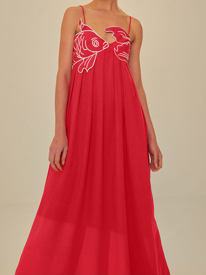 Isla - Flowy Women's Maxi Dress with Spaghetti Straps and Embroidered Fish Detail
